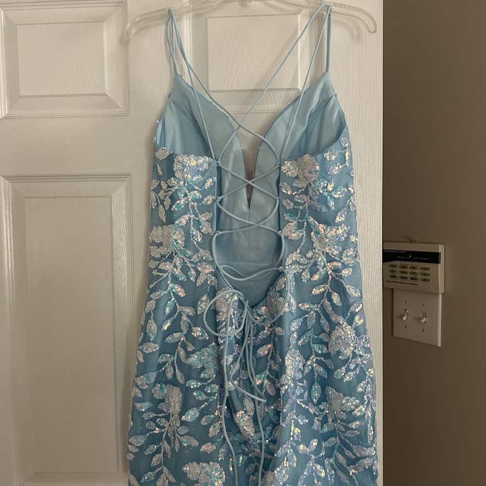 Spaghetti Straps Light Blue Short Homecoming Dress with Criss Cross Back - Picture 3 of 5